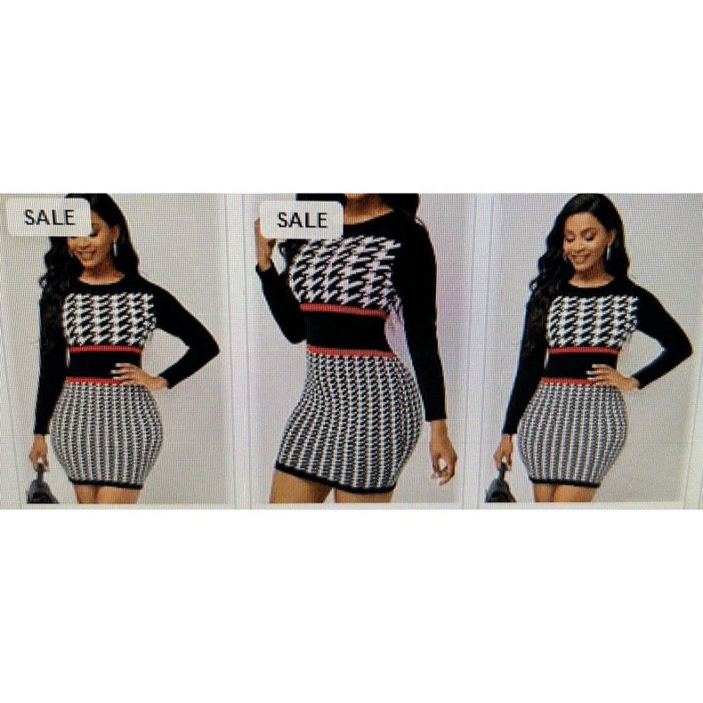 Modlily Houndstooth Holiday Sweater Dress Body con Stretchy Tunic~ Size M